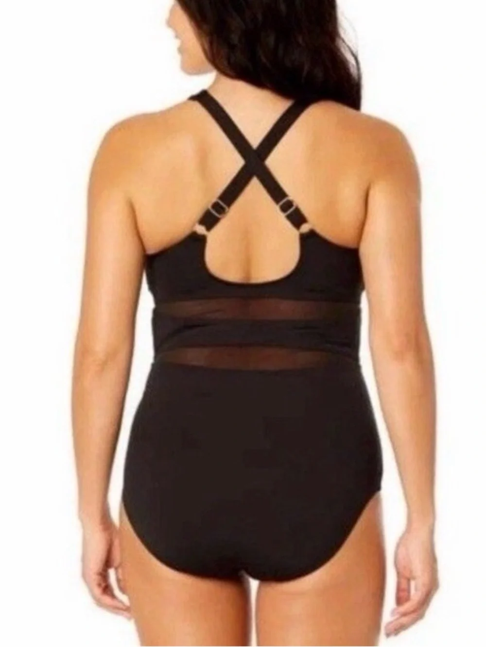 Lands’ End Black Mesh One Piece Swimsuit M Tummy Control UPF 50 High Neck